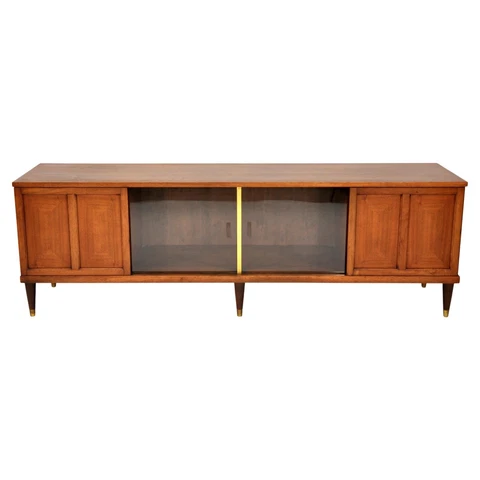 Mid-Century Modern Walnut Brass Glass Credenza Media Console Bar Cabinet 1950s Cover