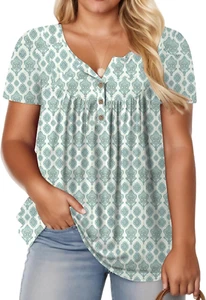 Womens-Plus-Size-Tops-Summer Buttons up Henley Shirts V Neck Blouses Flowy Pleat - Picture 1 of 3
