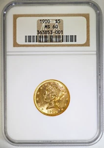 1900 $5 Gold Liberty Half Eagle NGC MS60 Old Holder Nice Bright Coin - Picture 1 of 2