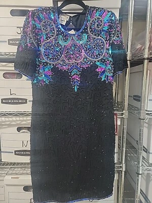 Vestido ajustado vintage Stenay negro turquesa rosa intenso forrado lentejuelas para mujer 14 nuevo Foto 1 de 4