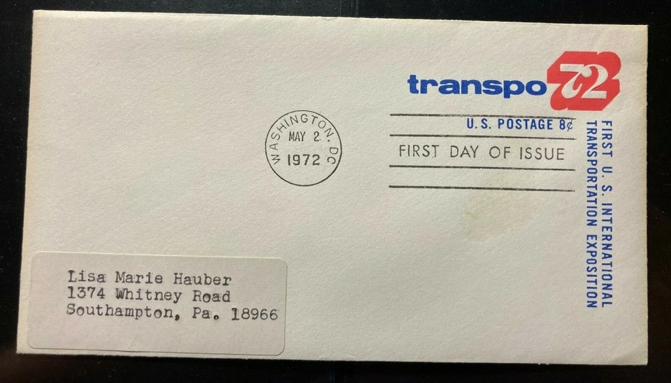 FDC First Day of Issue: #U565 – 8c Transpo '72, ultramarine & rose red envelope - Image 1 of 1