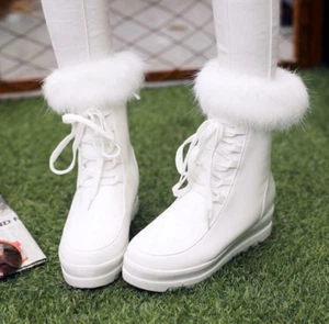 Winter Womens Warm Fur Lace Up High Wedge Inside Platform Ankle Snow Boots Shoes - Picture 1 of 15