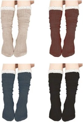 Paquete de 4 calcetines de punto de algodón para mujer hasta la rodilla con ribete de encaje (beige, gris, negro Foto 1 de 4