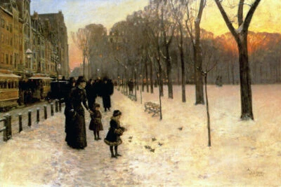 AT DUSK BOSTON COMMON AT TWILIGHT 1885 SNOW WINTER PAINTING CHILDE HASSAM REPRO  - Image 1 of 3