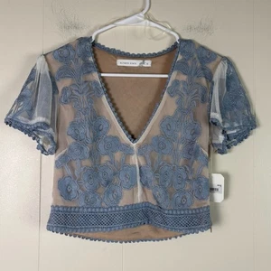 Altar'd State Chambray Blue Lace Sheer Top Floral Cropped Blouse Small - Picture 1 of 7