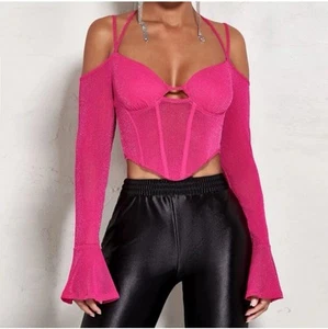 NEW SHEIN Bae Pink Bustier Shimmer Crop Top Barbie Pink Corset Sheer XS S NWT - Picture 1 of 6