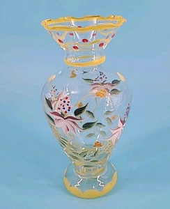 Vintage Tracy Porter Glaskunst Vase handbemalt lila Blumen gelb 6 3/4 Zoll - Bild 1 von 6