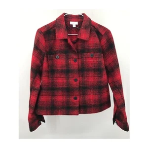 J. Jill Plaid Brushed Flannel Cropped Jacket Shacket S Red Black - Picture 1 of 10