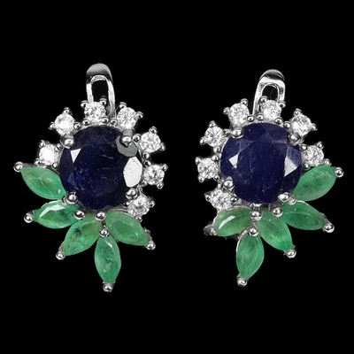 Pendientes de plata de ley 925 redondos zafiro azul 7 mm esmeralda piedras preciosas joyería Foto 1 de 4