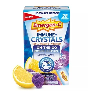 Emergen-C Cristales de Apoyo Inmunológico 500 mg Vitamina C Paquete de 28 barras Limonada de bayas Foto 1 de 4