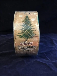 CHRISTMAS 2.5 WIDE Wired ribbon NEW GOLD TREE MERRY CHRISTMAS  50 YARDS - Picture 1 of 4