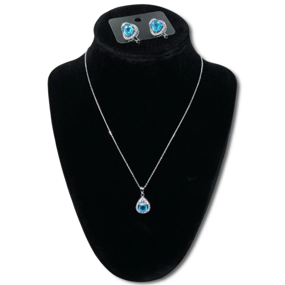 Juego de collar pendientes de topacio azul y zafiro blanco lágrima de plata de ley 925 Foto 1 de 4