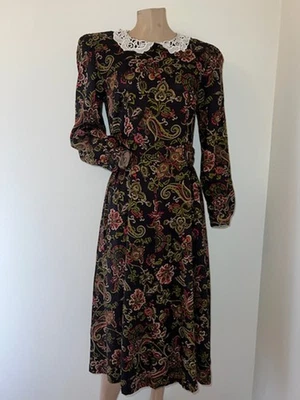 Vintage 80s Handmade Black Red Gold Paisley Fall Floral Crochet Tea Dress S/M - Image 1 of 4