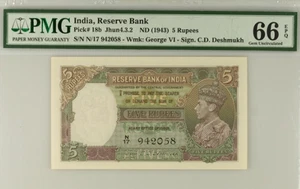 1943 Indien 5 Rupien P18b Banknote Währung unc PMG 66 - Bild 1 von 2