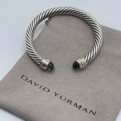David Yurman Sterling Silver 7mm Prasiolite and 14K Gold Cable Cuff Bracelet - Image 1 of 4
