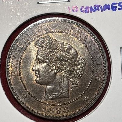 1888 A France 10 Centimes  Choice Copper Lovely Eye Appeal. Free Shipping - Image 1 of 4