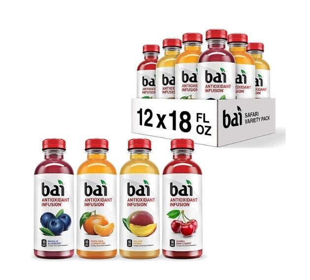 Bai Flavored Water, Safari Variety Pack, Antioxidant 18 Fl Oz (Pack of 12)