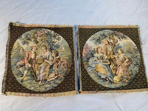 2 Vintage French Textile Panels 6" x 6" Stamped - Made in France, 18th C. Scenes - Picture 1 of 11