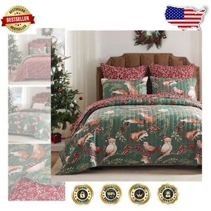 Rustic Owl and Fox King Quilt Set – 3 Pieces with Reversible Design for Holidays - Picture 1 of 10