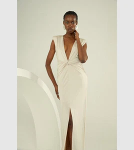 Brandneu mit Etikett Karen Millen Jersey Krepp drapiert tiefes Midikleid Perlen Gr: L UVP 79 £ - Bild 1 von 5