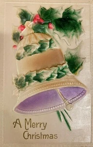 A Merry Christmas Xmas Bell Holly Berry Heavy Embossed Postcard - Picture 1 of 2