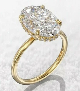 💍 Anillo de compromiso halo oculto moissanita ovalado de 3,70 quilates D/Vvs1 oro amarillo de 14 quilates✨ - Imagen 1 de 7
