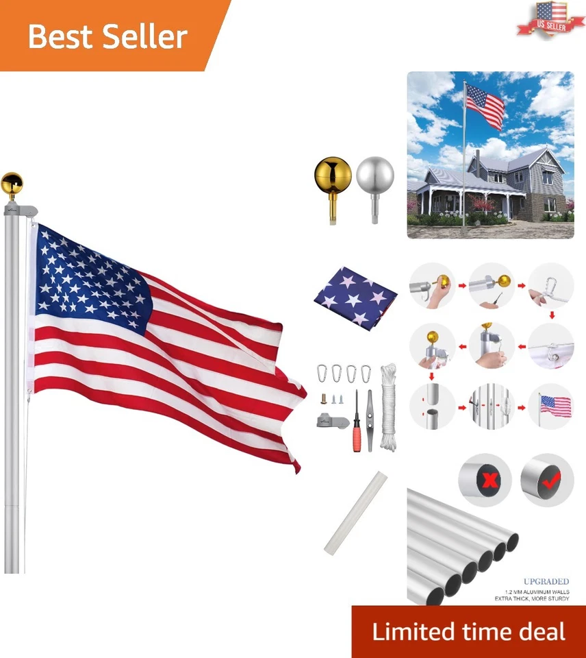 Asta de bandera patriótica de aluminio de 20 pies con bandera de 3'x5' y tapa de bola dorada - a prueba de óxido Foto 1 de 4