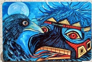 Original Artwork "Spirit In The Sky" Crow Totem Watercolor on Metal 12" x 8" - Picture 1 of 4