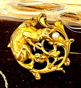 ATEMBERAUBENDE JUGENDSTIL FRANZÖSISCHE DRACHENPERLE DIAMANT GOLD FIX BROSCHE - Bild 1 von 3