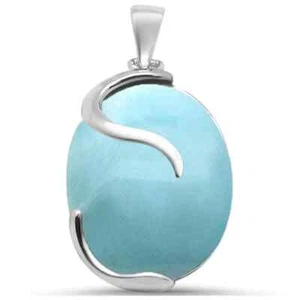 Elegant Large Oval Natural Larimar .925 Sterling Silver Pendant - Picture 1 of 2