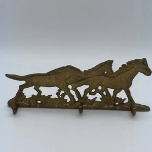Brass Running Horses Key Tie Rack 3 Nail Hook Western Country Decor 6X 2.5X1” - Picture 1 of 10