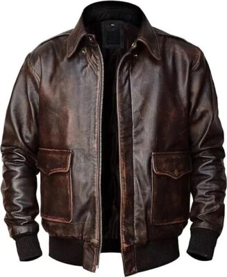Men's A2 Flight Pilot Vintage Air Force Aviator Brown Bomber Leather Jacket - Image 1 of 4