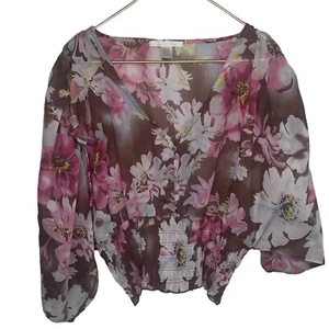 Charlotte Russe Damen Gr. L Boho Top Braun Metallic Webart Blumen Gesmokte Taille - Bild 1 von 10