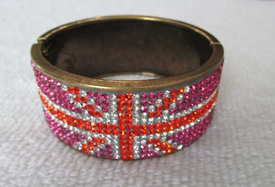 NUEVO Brazalete Brazalete Twiggy London Cristal Union Jack Bandera Bisagras Rosa Naranja Blanco Foto 1 de 4