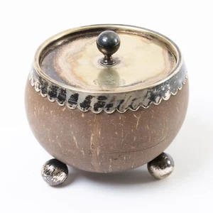 Antique Coconut Jar Silverplate Ball Feet & Lid Warburton Family Crest 5" Tall - Picture 1 of 11