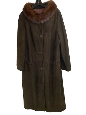 Abrigo largo de gamuza marrón vintage talla M/L con cuello de piel de visón genuino RG10187 Foto 1 de 4