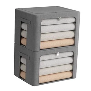 2 Pack Clear Window Storage Bins Stackable Linen Fabric Storage for Clothes - Picture 1 of 7