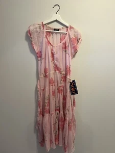 1970s Vintage SOLO Formal Frock Floral Pink Ruffle Dress Size 12 Women’s Retro - Picture 1 of 11