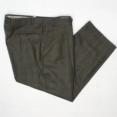 Pantalones de vestir Berle para hombre 40x28 verde marrón dorado pantalones plisados de lana a cuadros  Foto 1 de 4