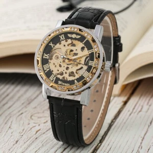 Winner Watch Men's Mechanical Manual Wristwatch Roman Number Leather Strap Gift - Picture 1 of 6