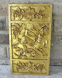 Vintage Reindeer Wall Hanging Plaque Poinsettia Holly Gold Tone 12" x 6 3/4" - Picture 1 of 8