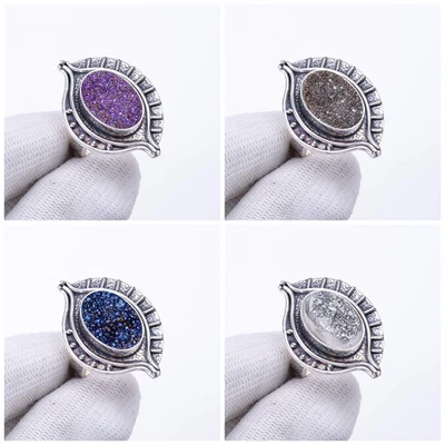 Anillo Druzy Brillo Ágata Titanio Real Plata de Ley 925 Variación Multicolor Foto 1 de 4