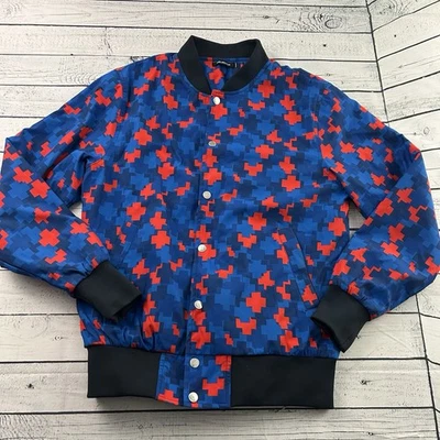 Pink Dolphin Snap Button Bomber Jacket Men's Medium Blue Red Abstract - Image 1 of 4
