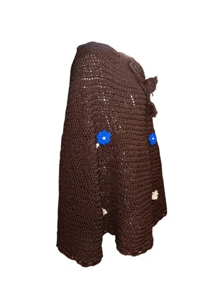 OS Vintage 27s brown Hand Crochet Cottagecore Embroidered Poncho Sweater 46s  - Image 1 of 4