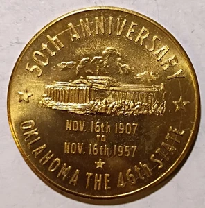 Medalla del 50 aniversario de Oklahoma 1957 con sello estatal - Imagen 1 de 2
