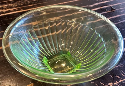 Vtg Hazel Atlas Uranium Vaseline Glass Mixing Bowl Ribbed Green 10” Glow - Image 1 of 3