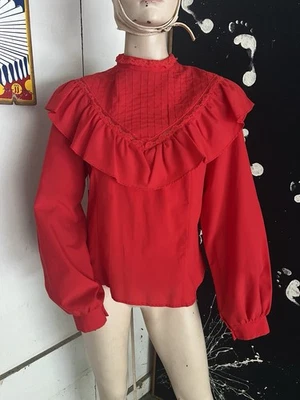 Top de pradera vintage años 70 volantes cabaña perla encaje volantes botón trasero poli simulación Foto 1 de 4