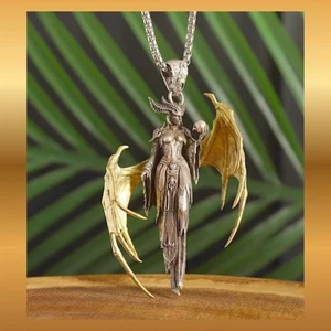 Hexendämon goldfarbene Flügel großer 3D Anhänger - 60 cm Edelstahlkette - Bild 1 von 7