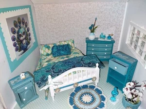 Dollhouse Furniture Lot 1:12 Bedroom Set Peacock Colors! - Picture 1 of 9