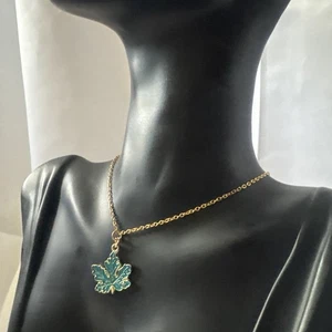 New Botanical Blue Leaf 18K Gold PVD Coated Chain Necklace in Gift Box 18" - Picture 1 of 7
